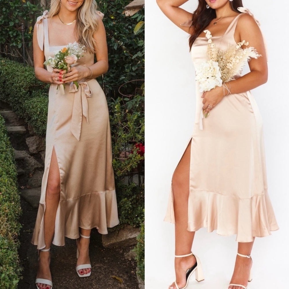 Show Me Your Mumu Claire Midi Dress in Champagne Luxe Satin